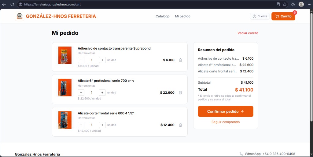 E-commerce ferretería — carrito y pedido