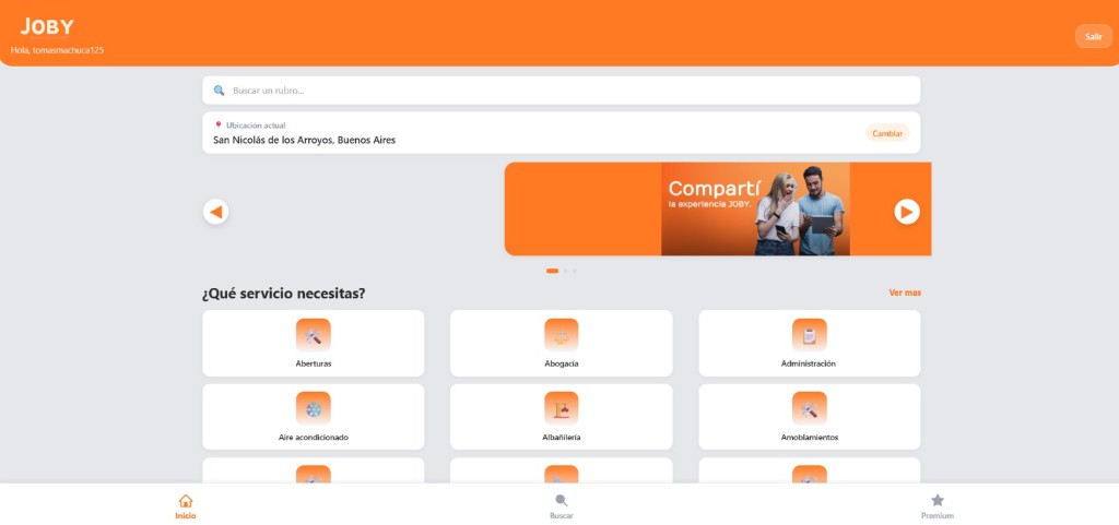 Joby — inicio cliente y búsqueda de servicios