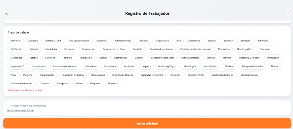 Joby — selección de áreas de trabajo